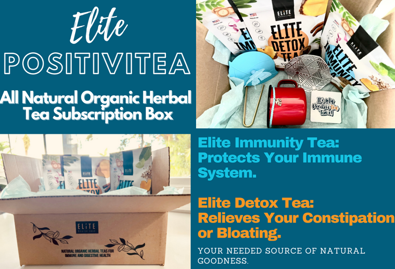 Elite herbal tea box with Elite immune support tea for immune defense. Elite detox tea support indigestion, digestive system, intestinal and gut health. Elite tea subscription box includes 1 tea mug, 1 mug lid, 1 mug bracelet, 1 tea bag tong, 1 placemat